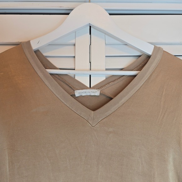 Made in Italy Shimmery Taupe V-Neck High Low Tunic Top Women Medium Minimalist - Picture 2 of 11